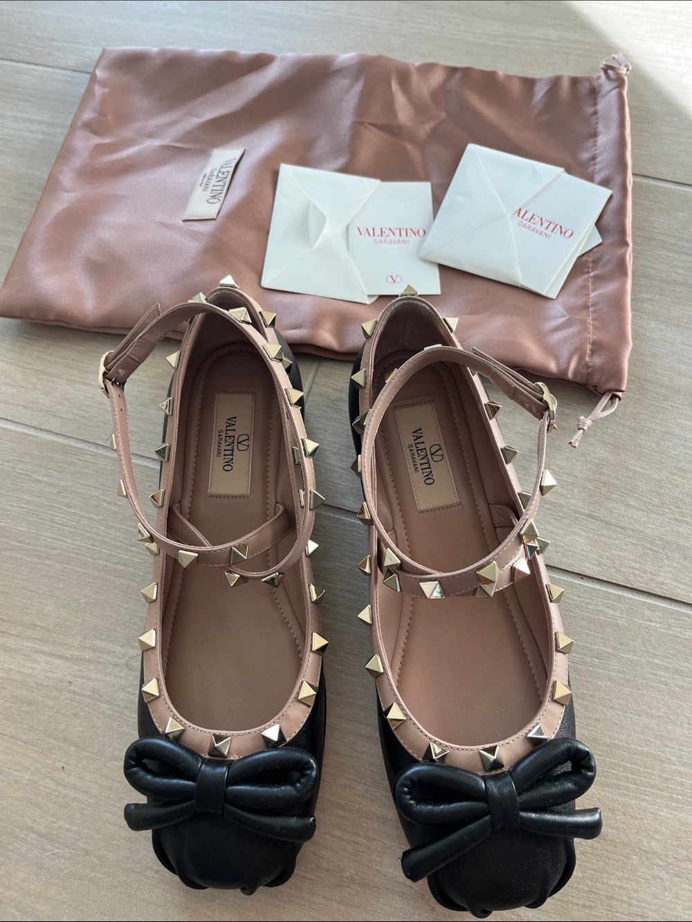 Valentino Garavani Blush and Black Rockstud Bow Mary Jane Flats